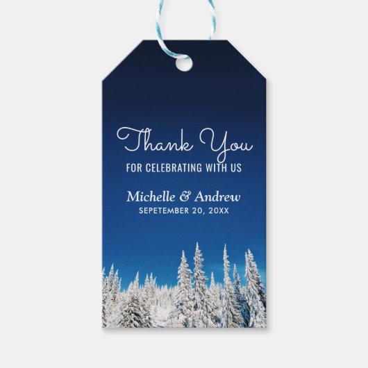 Sneeuw Pijnbomen Winter Bruiloft Dank u Cadeaulabel (Voorkant)