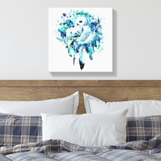Sneeuw Uil Dreamcatcher Groen en Blauwgroen Blauw Canvas Afdruk (Insitu (Slaapkamer))