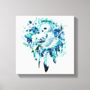 Sneeuw Uil Dreamcatcher Groen en Blauwgroen Blauw  Canvas Afdruk