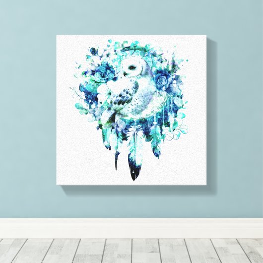 Sneeuw Uil Dreamcatcher Groen en Blauwgroen Blauw Canvas Afdruk (Insitu (Houten vloer))