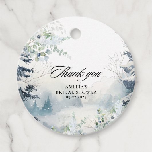 Sneeuw verliefd stoffig blauw bruids douche in de bedankjes labels (Voorkant)