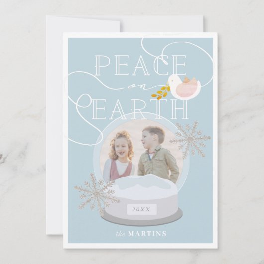 Sneeuw Wereldbol Foto Blauwe Kerst Kaart (Voorkant)