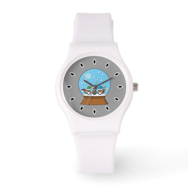 Sneeuw Wereldbol met drie Gnome Uilen Horloge (Voorkant)