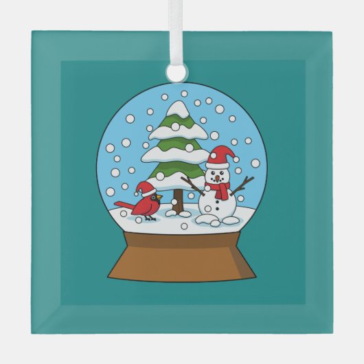 Sneeuw Wereldbol met kardinaal sneeuwman en dennen Glas Ornament (Voorkant)