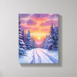 Sneeuw Zonsondergang Winter Berglandschap Canvas Afdruk