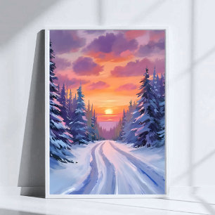 Sneeuw Zonsondergang Winter Berglandschap Poster