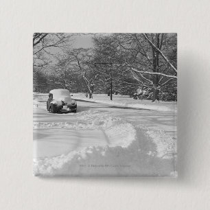 Sneeuwauto op straat B&W Vierkante Button 5,1 Cm