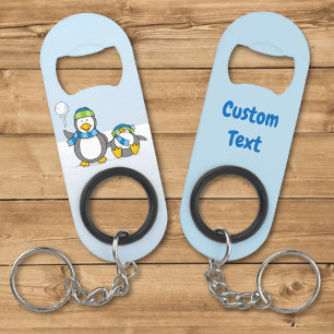 Sneeuwballende pinguïns sleutelhanger flesopener mini flessenopener