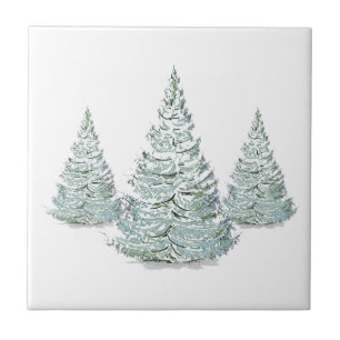 Sneeuwbedekkende Spruce Trees Illustratie Tegeltje