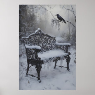 Sneeuwbedekte antieke ijzeren bank met ravenzwart poster