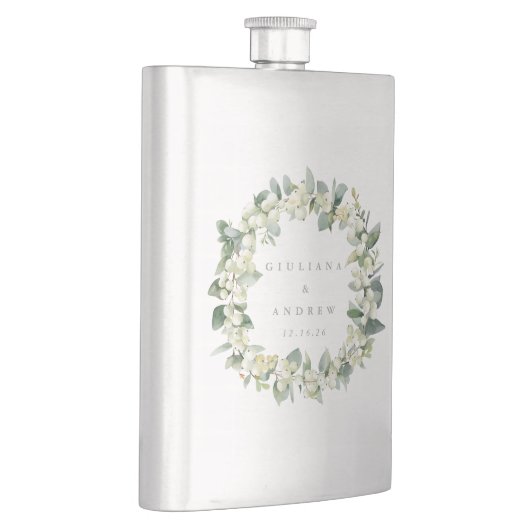 Sneeuwbes & Eucalyptus Huwelijks Krans Naam Flacon (Rechts)