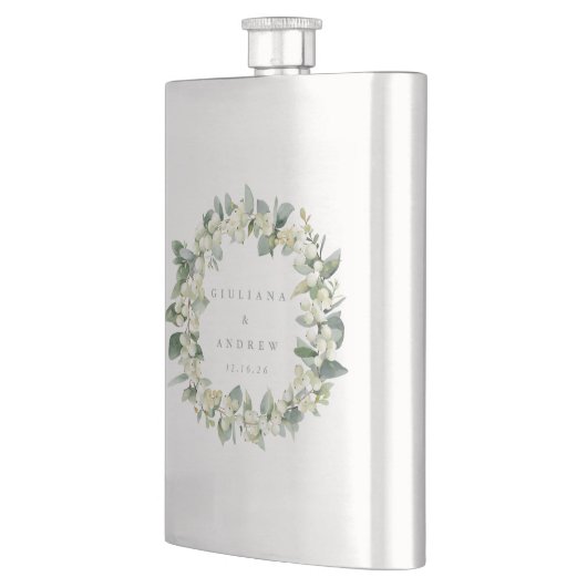 Sneeuwbes & Eucalyptus Huwelijks Krans Naam Flacon (Links)