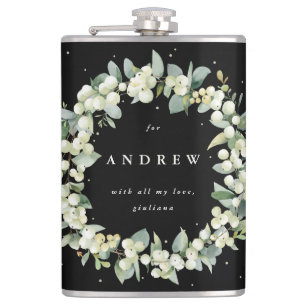 Sneeuwbes & Eucalyptus Huwelijks Krans Personalise Heupfles
