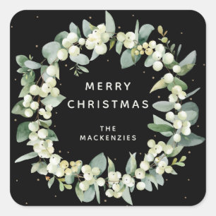 Sneeuwbes+Eucalyptus Krans Aangepaste Kerstboodsch Vierkante Sticker