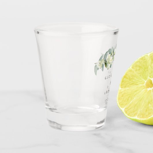 Sneeuwbes & Eucalyptus Persoonlijke Huwelijksfeest Shot Glas (Links)