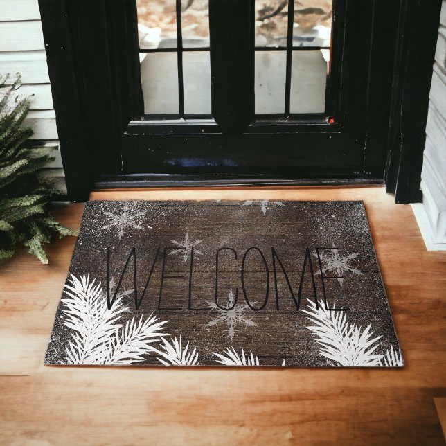 Sneeuwbomen met bruin rustige winter deurmat (Snow pine trees brown rustic wood winter doormat)