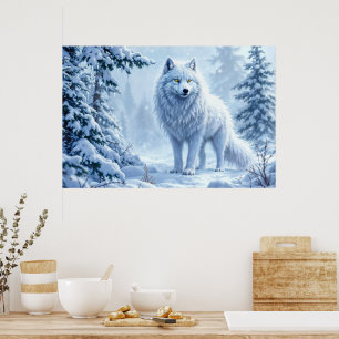 Sneeuwbos witte wolf ijspegels decor poster