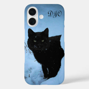 Sneeuwende Starende Zwarte Kat iPhone 16 Hoesje