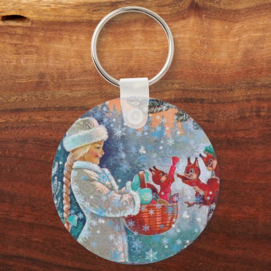 Sneeuwende Winter Kerst Schattige Meisje met Eekho Sleutelhanger (Voorkant)