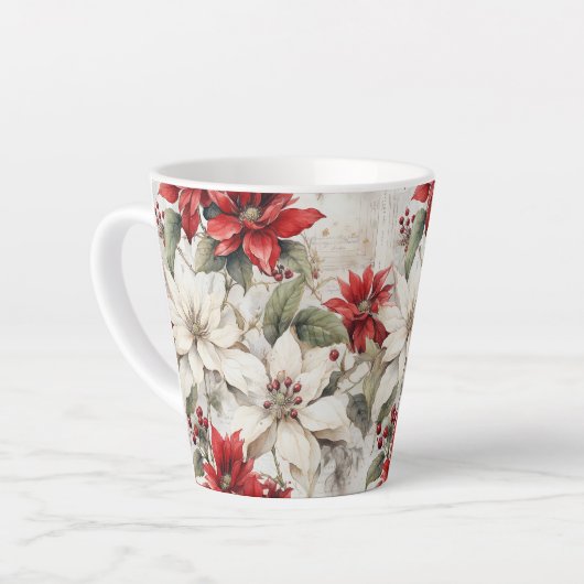 Sneeuwgekuste Elegance Wit en Rood Poinsettia Latte Mok (Linkerhoek)