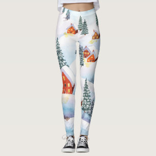 Sneeuwheuvels, huizen: waterverf landschap leggings
