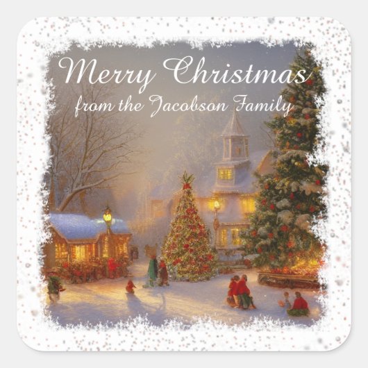 Sneeuwige kerstbomen op het dorp vierkante sticker (Voorkant)