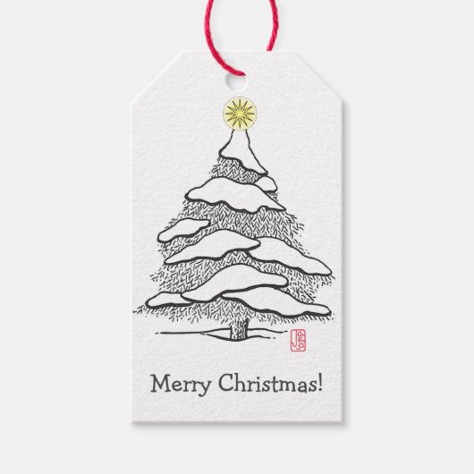 Sneeuwige kerstcadeautags van groenblijvende bomen cadeaulabel (Voorkant)