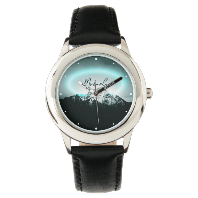 Sneeuwige, mysterieuze blauwe neonlichte monogram  horloge (Voorkant)