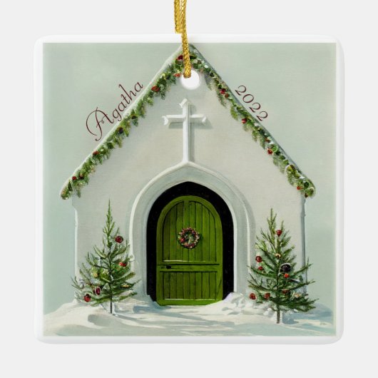 sneeuwkerk met kerstmis keramisch ornament (Voorkant)