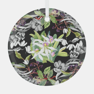 Sneeuwklokjes & orchideeën: geschetst zwart patroo glas ornament