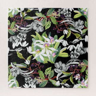 Sneeuwklokjes & orchideeën: geschetst zwart patroo legpuzzel