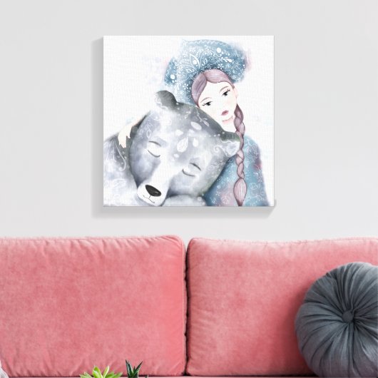 Sneeuwkoningin en Polair Beer in Zachte Waterverf Canvas Afdruk (Insitu (Woonkamer))