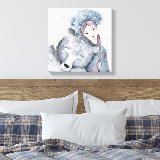 Sneeuwkoningin en Polair Beer in Zachte Waterverf Canvas Afdruk (Insitu (Slaapkamer))