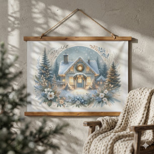 Sneeuwlandhuis Gloeiende Scene Hangend Wandkleed