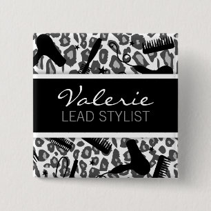 Sneeuwluipaard (aangepast) Hair Salon Name Badge Vierkante Button 5,1 Cm