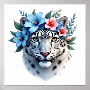 Sneeuwluipaard met Blauwe & Roze Bloemenkroon Muur Poster