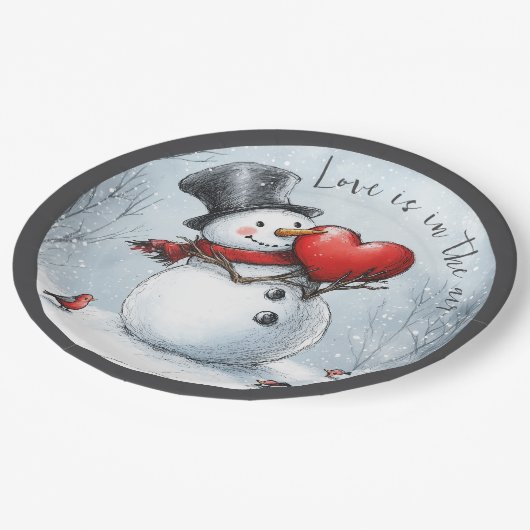 Sneeuwman biedt liefde met een groot hart papieren bordje (Gekanteld)