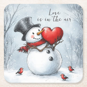 Sneeuwman biedt liefde met een groot hart vierkante kartonnen onderzetter