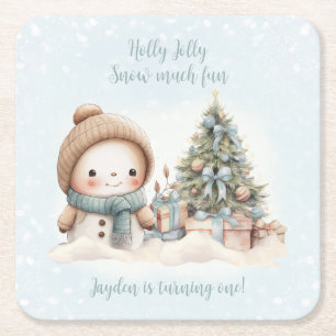  Sneeuwman Blauw Naam Kerstmis 1e Verjaardag Vierkante Kartonnen Onderzetter