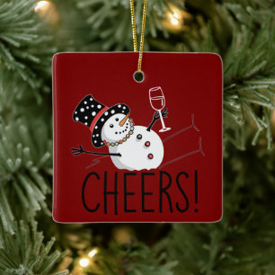 Sneeuwman Cheers Wijn Kerstmis Grappig Kerstmis Wi Keramisch Ornament