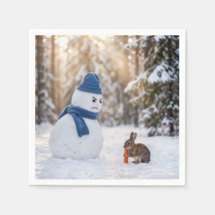 Sneeuwman die boos kijkt naar een konijn servet