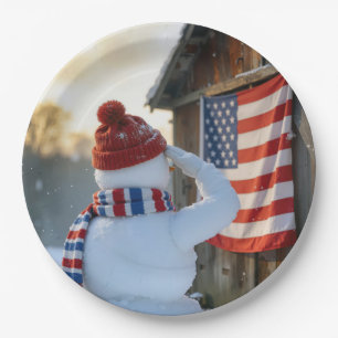Sneeuwman die een Amerikaanse vlag groet Papieren Bordje