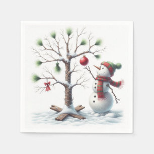 Sneeuwman die een kerstbal ophangt servet