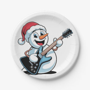Sneeuwman die elektrische gitaar speelt Sinterklaa Papieren Bordje