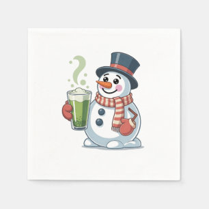 Sneeuwman die Matcha-drank vasthoudt Kerstliefhebb Servet