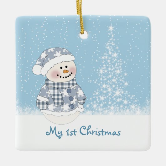 Sneeuwman en drie baby's eerste Kerstmis Keramisch Ornament (Voorkant)