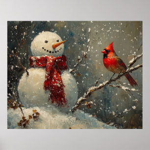 Sneeuwman en een Kardinaal Olie Schilderij Poster