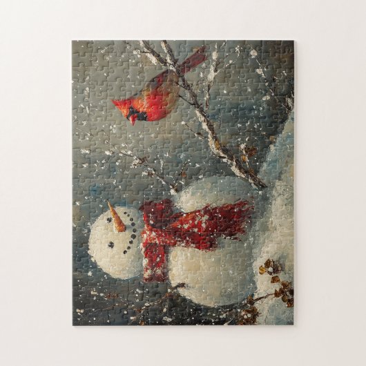 Sneeuwman en een kardinaal olieverfschilderij legpuzzel (Verticaal)