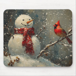 Sneeuwman en een kardinaal olieverfschilderij muismat