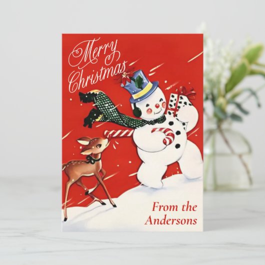 sneeuwman en herten aangepaste kerst feestdagenkaart (Staand voorkant)
